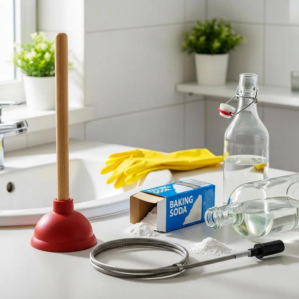 Common DIY drain-cleaning tools: plunger, baking soda, vinegar