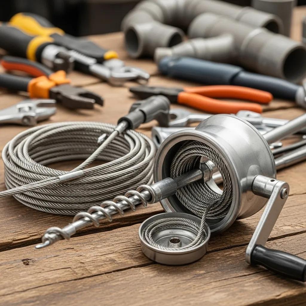 Manual drain snake and drum auger tools on a workbench for clearing drains