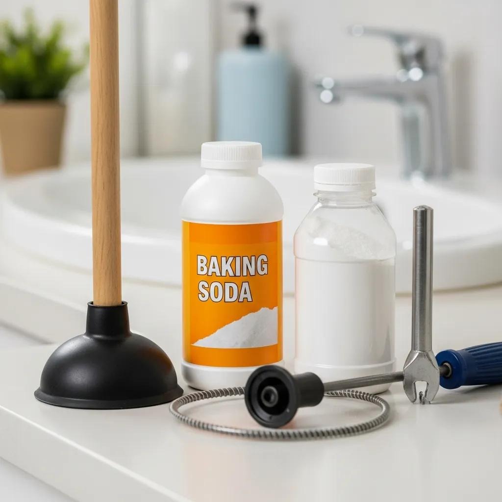 Plunger, baking soda, and a manual drain snake laid out on a bathroom counter
