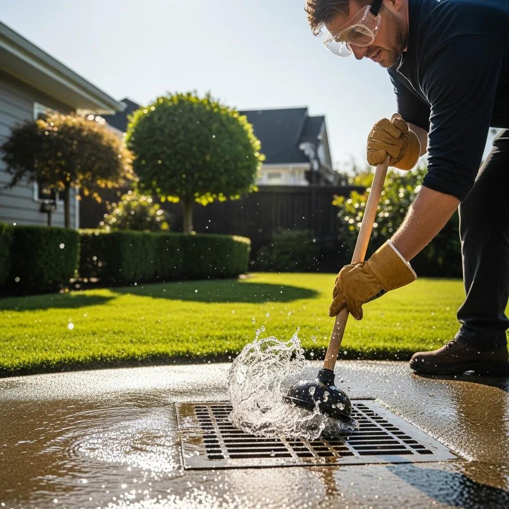 Person using a plunger on an outdoor drain for DIY unblocking