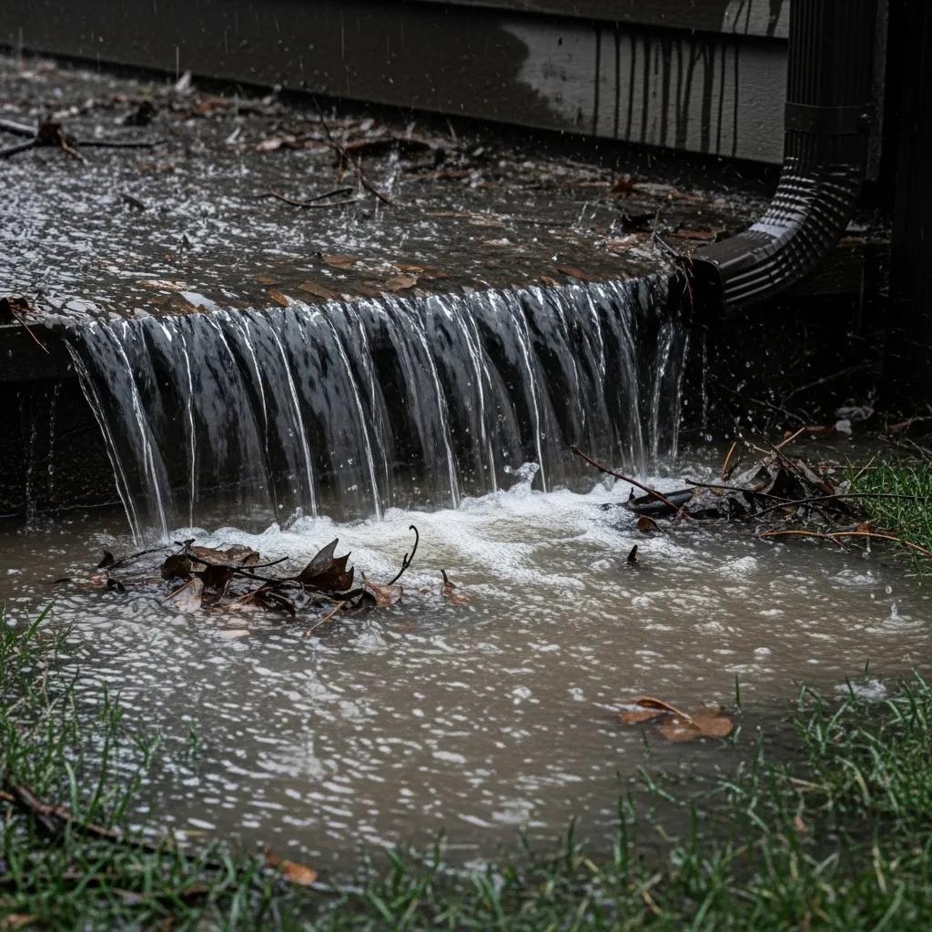 Overflowing gutters and pooling water indicating a blocked stormwater drain