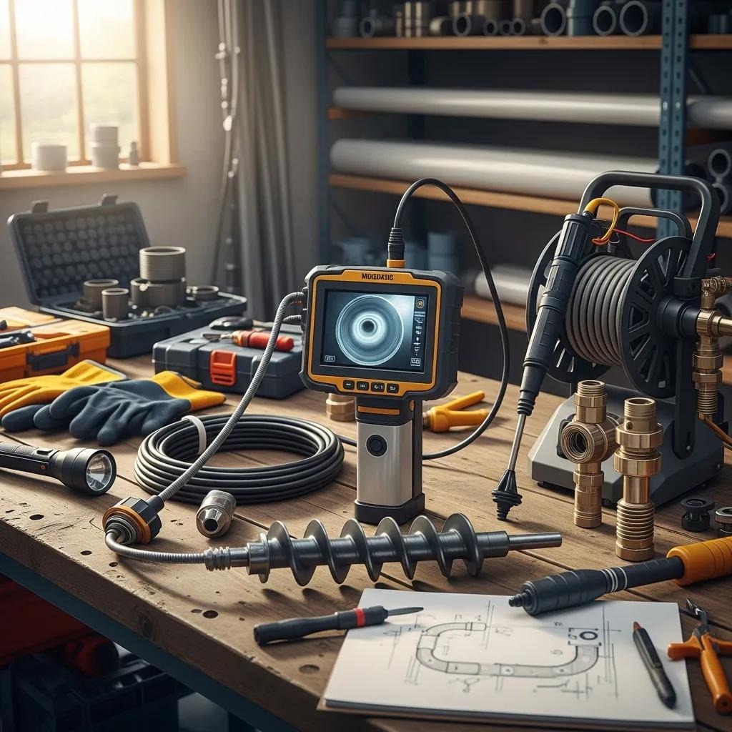 Inspection tools for detecting drain blockages, including camera and drain snake