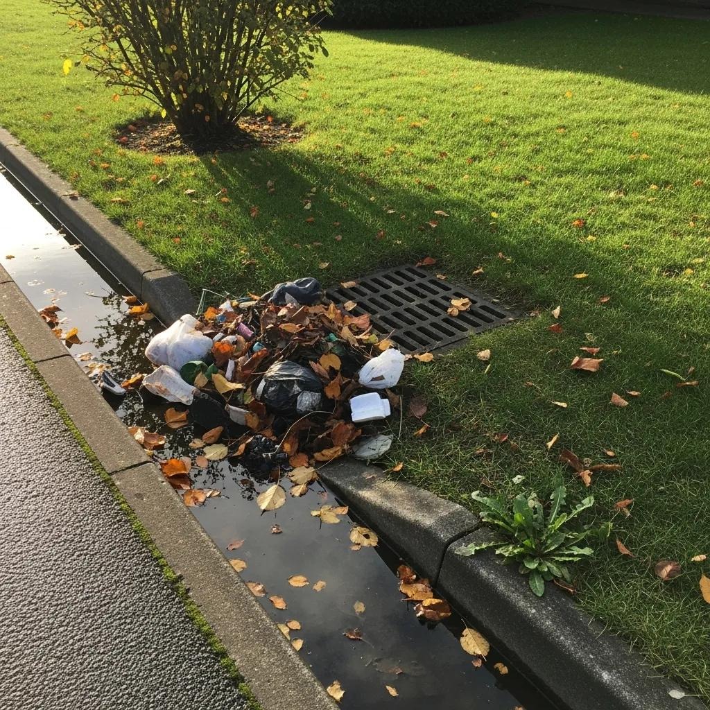 Blocked stormwater drain with debris and water pooling, highlighting drainage issues