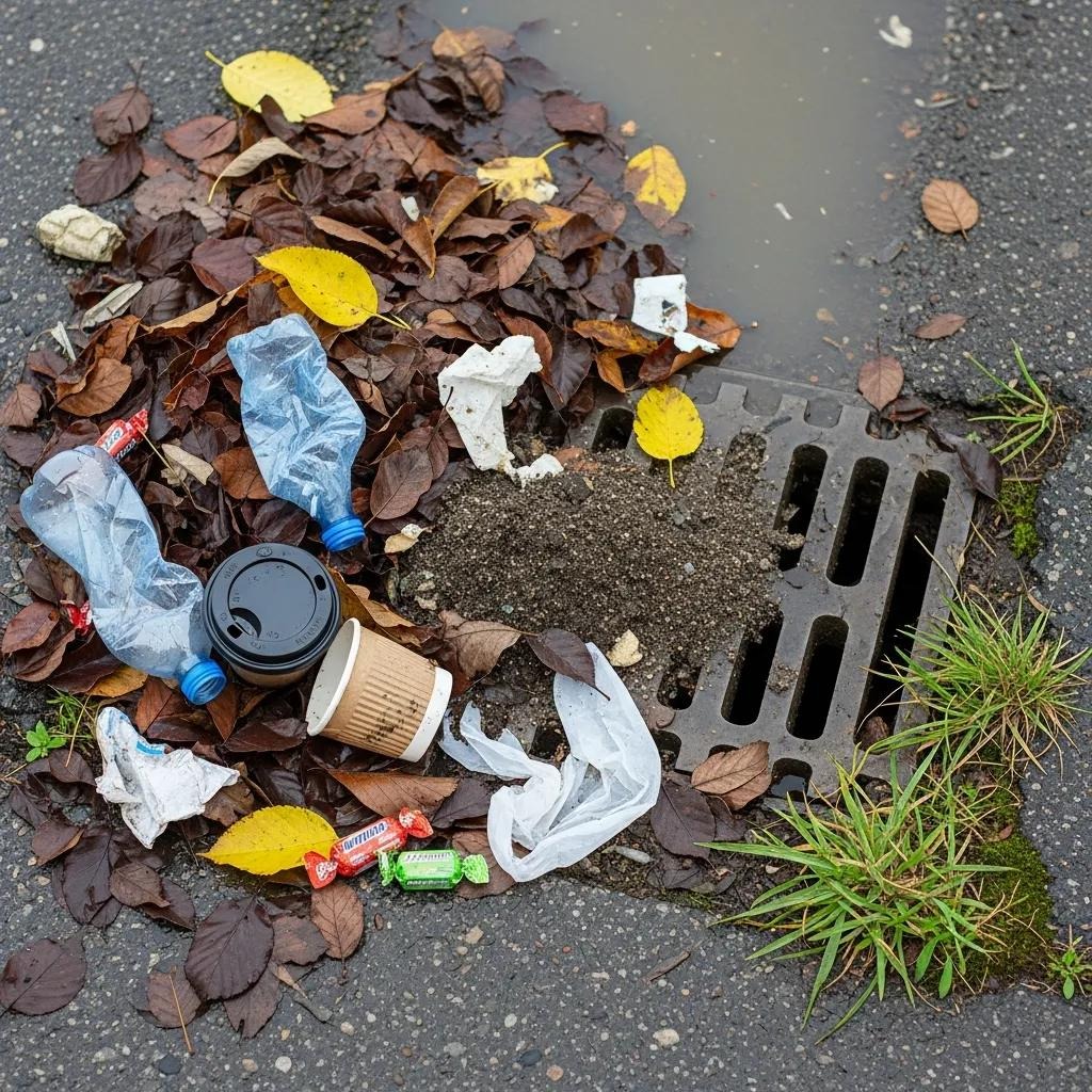 Debris accumulation in stormwater drain illustrating common blockage causes