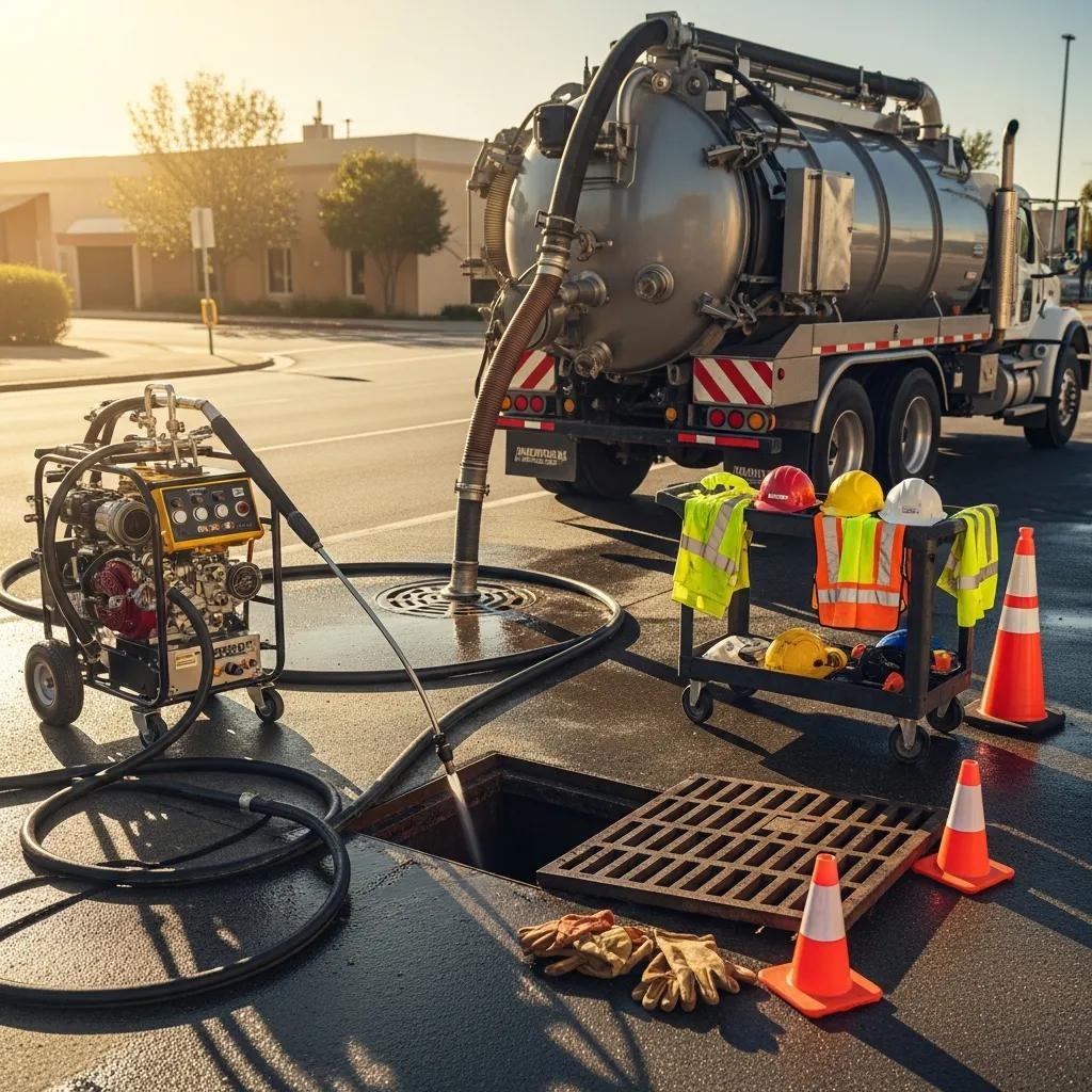 Essential tools for stormwater drain maintenance including high-pressure water jet and vacuum truck