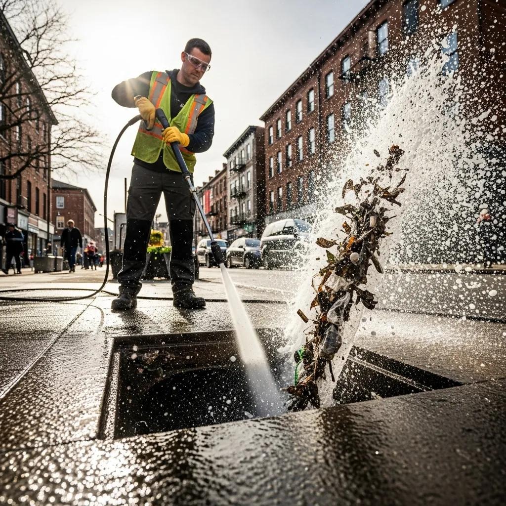 Professional using hydro jetting to clean a stormwater drain, demonstrating effective cleaning methods