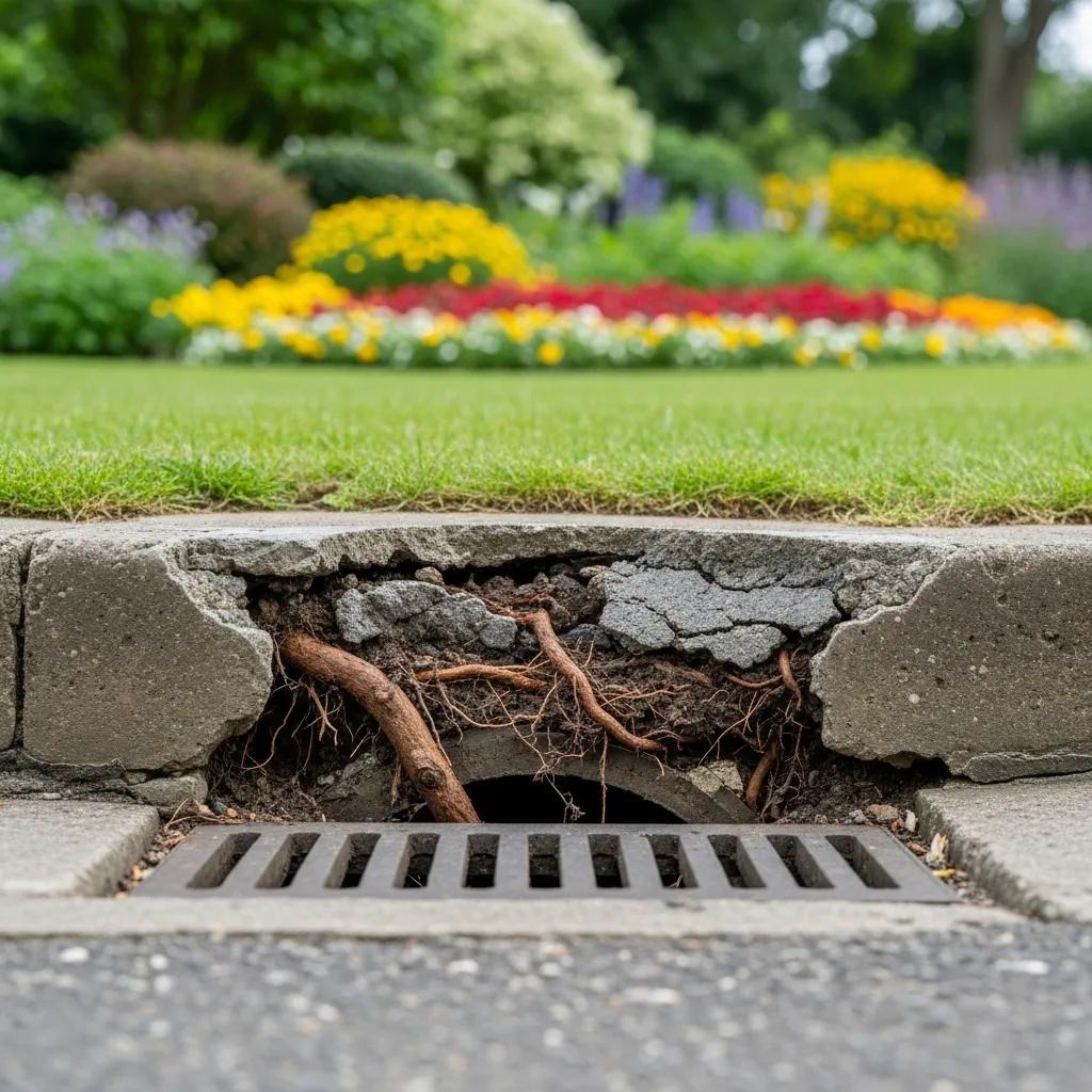 Tree roots causing obstruction in a stormwater drain, highlighting drainage issues