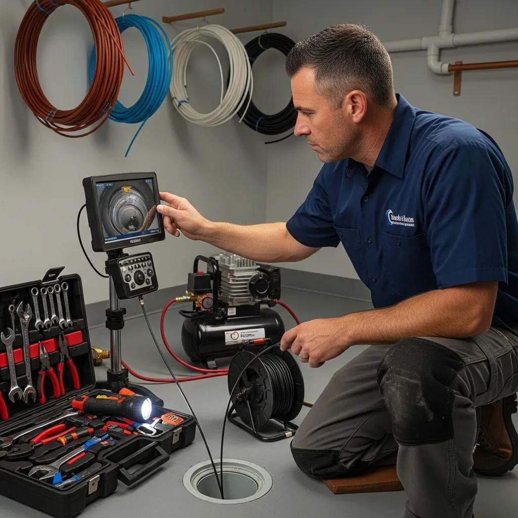 Plumber using camera technology for drain inspection