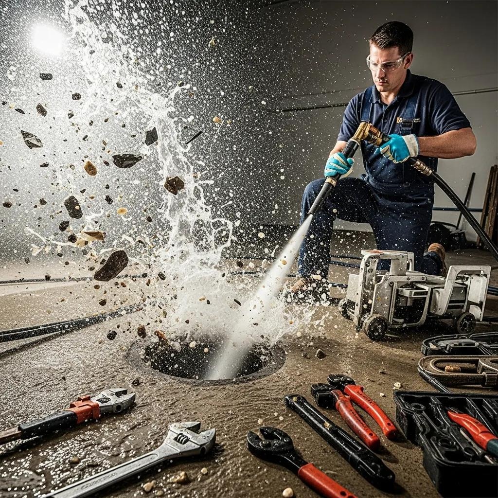 Hydro jetting machine clearing drain blockage
