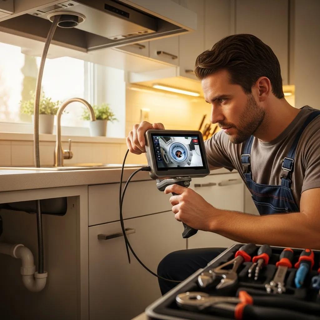 Professional plumber inspecting pipes with a drain camera in a residential setting