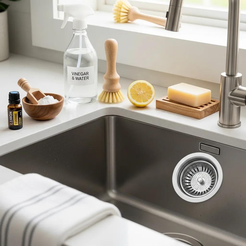 Clean kitchen sink with a drain strainer and natural cleaning products for maintenance
