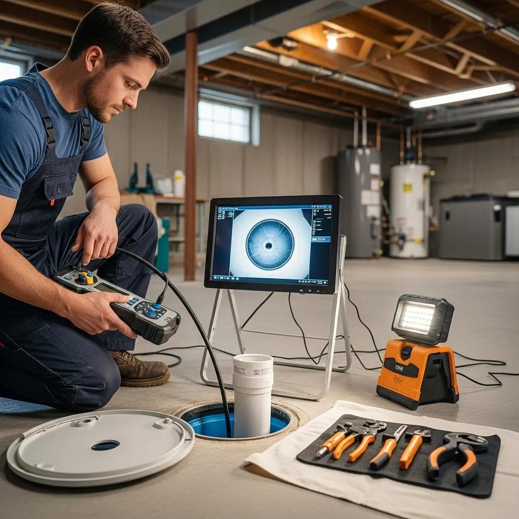 Plumber using CCTV drain camera for inspection in a residential plumbing system