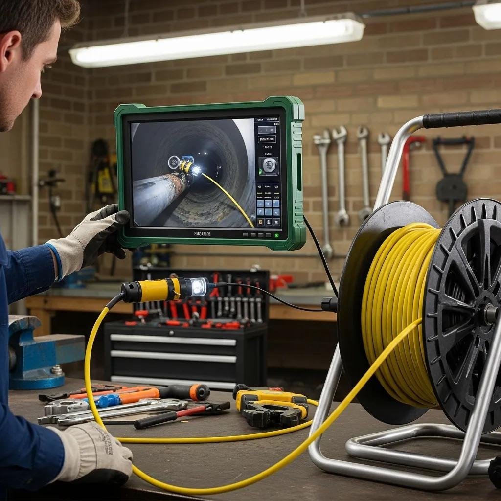 Video pipe inspection technology in action with camera and monitor setup