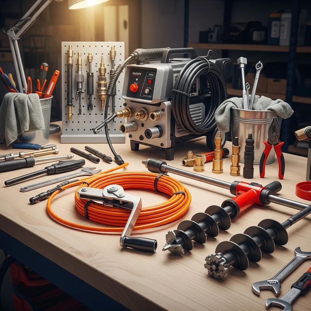 Variety of drain cleaning tools including a drain snake, auger, and hydro jetting equipment on a workbench