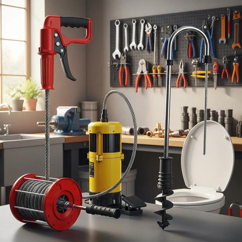 Different types of drain augers including handheld, motorized, and toilet augers in a plumbing workshop