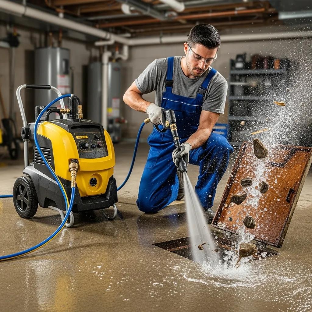 Plumber using hydro jetting equipment to clear a clogged drain in a residential setting