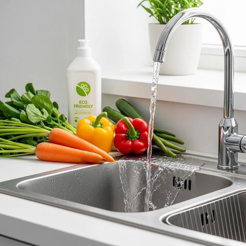 Clean kitchen sink with fresh vegetables and eco-friendly cleaning solution, highlighting drain maintenance
