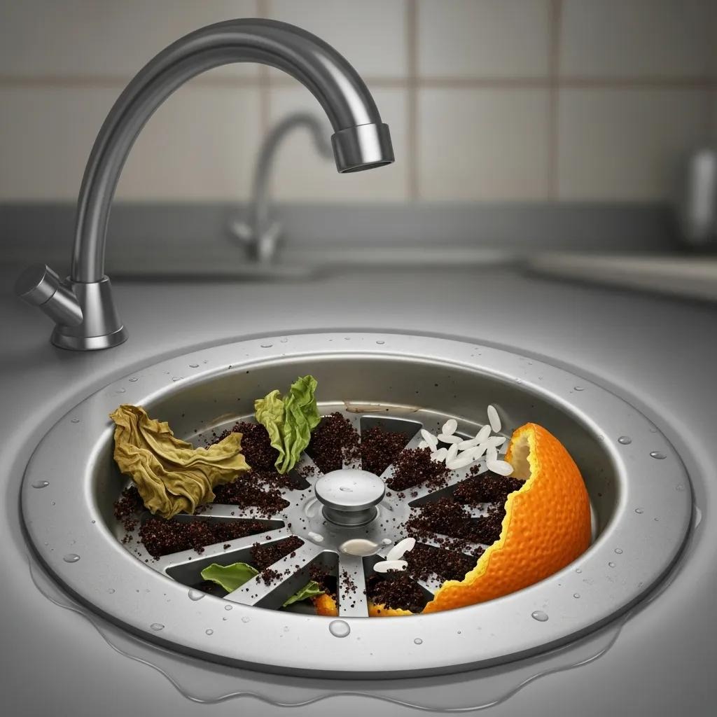 Close-up of a kitchen drain with decomposing organic matter, illustrating causes of smelly drains