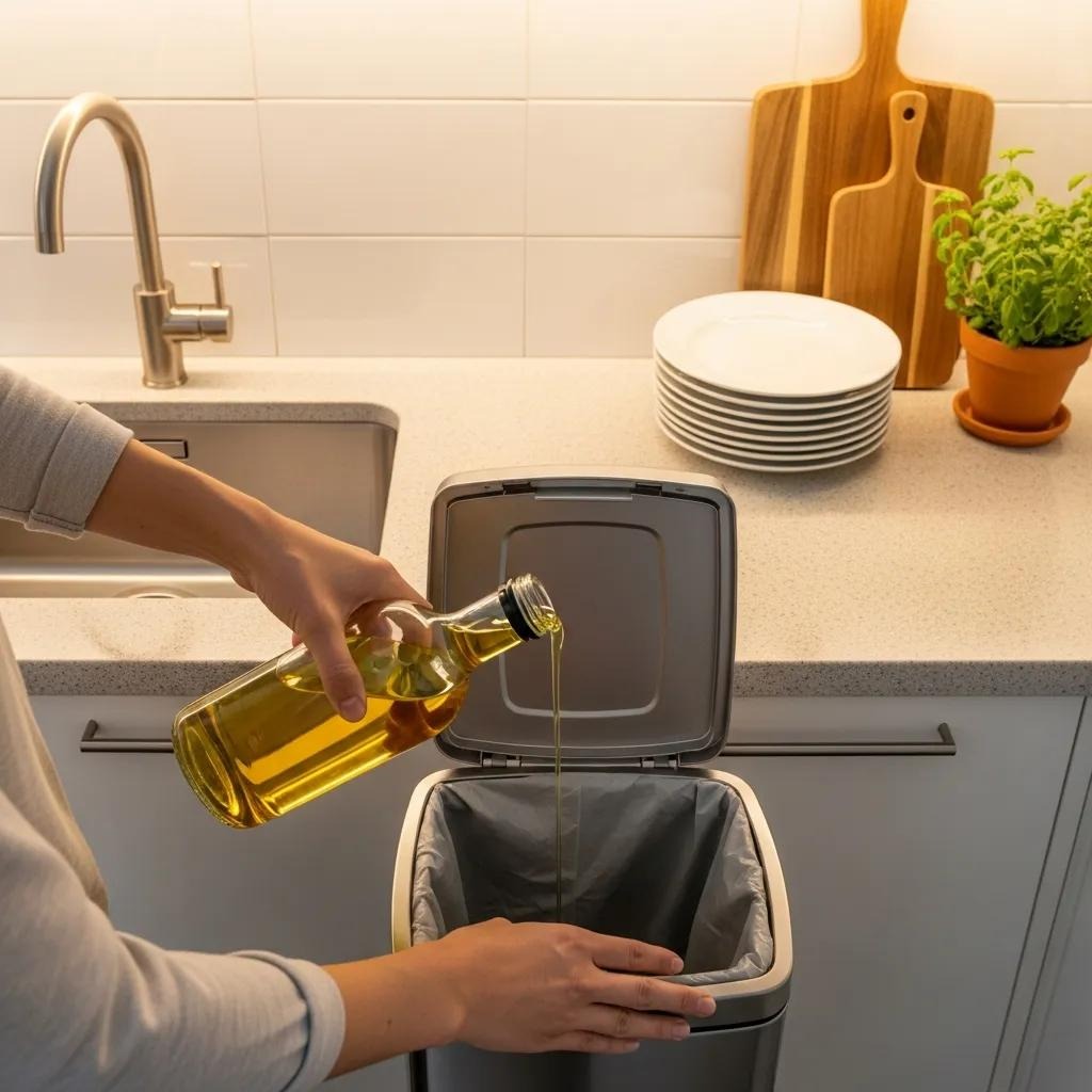 Person disposing of cooking oil in a trash can, promoting proper waste disposal to prevent smelly drains