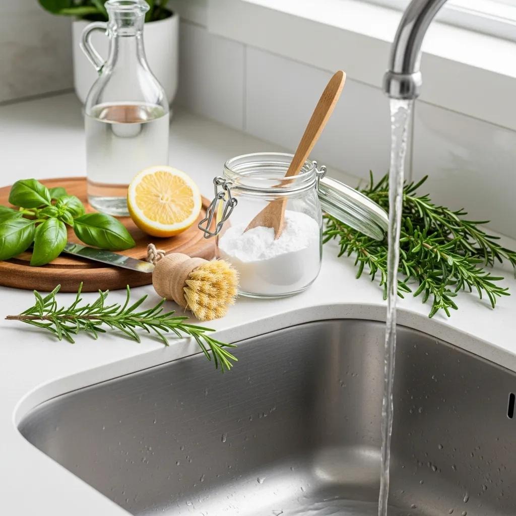 Clean kitchen sink with natural cleaning tools for effective drain odor removal