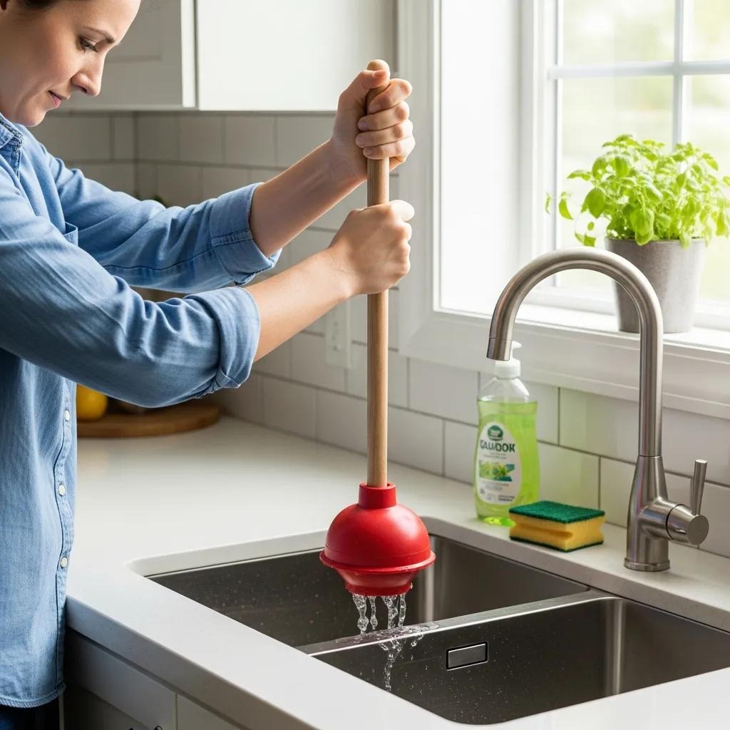 Person using a plunger on a kitchen sink to clear minor clogs