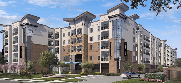 Architectural rendering of a modern multi-story workforce housing apartment complex in Sunnyside