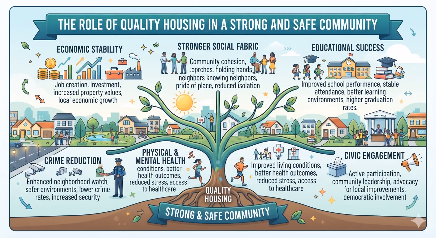 Infographic showing how quality housing supports economic stability, health, education, safety, and civic engagement