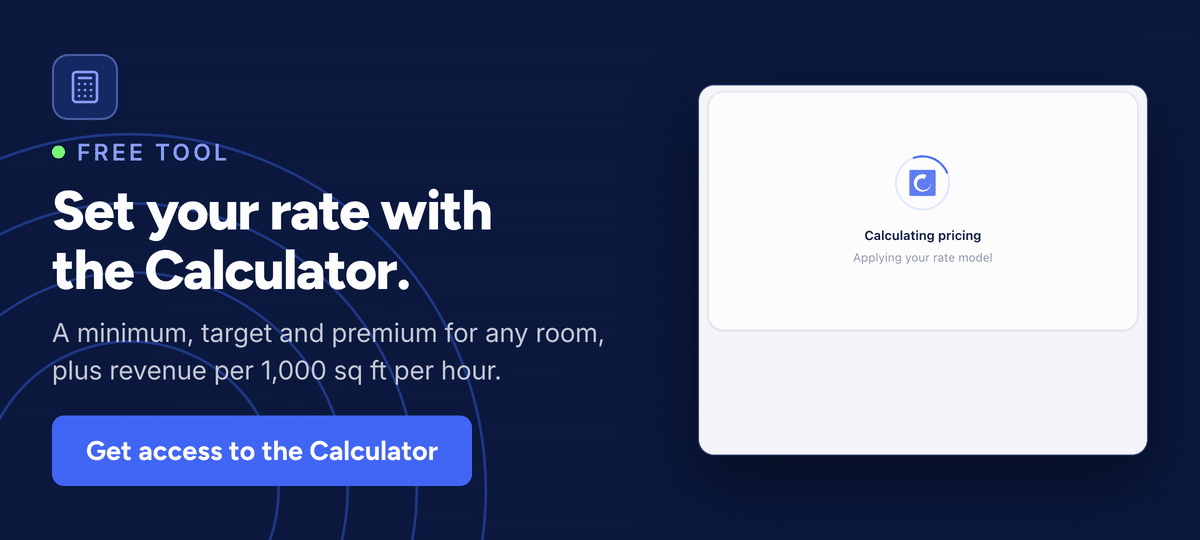 Free meeting space pricing calculator showing minimum, target and premium hourly rates