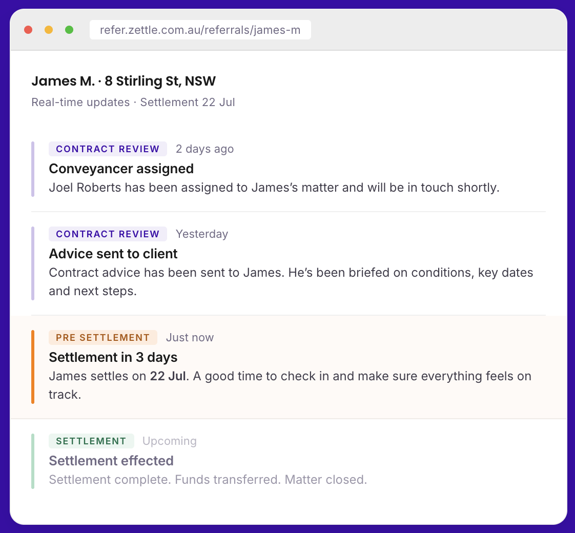 Referral tracking portal showing James M.'s matter progress
