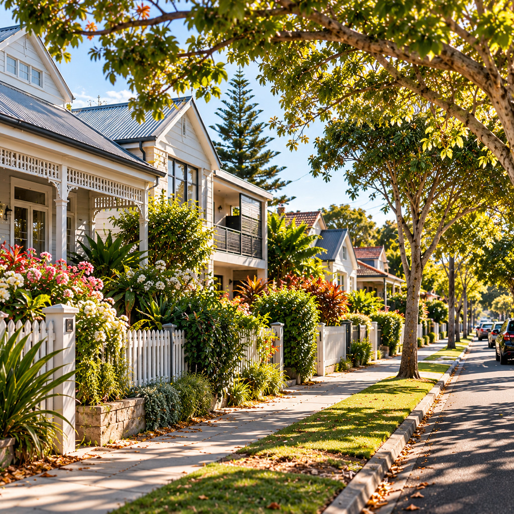 Street of weatherboard cottages with picket fences, Newcastle