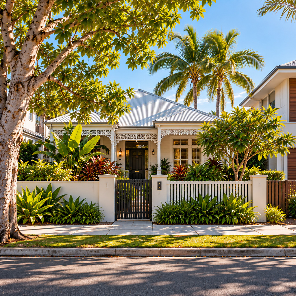 Queenslander home with timber lacework and palms, Townsville