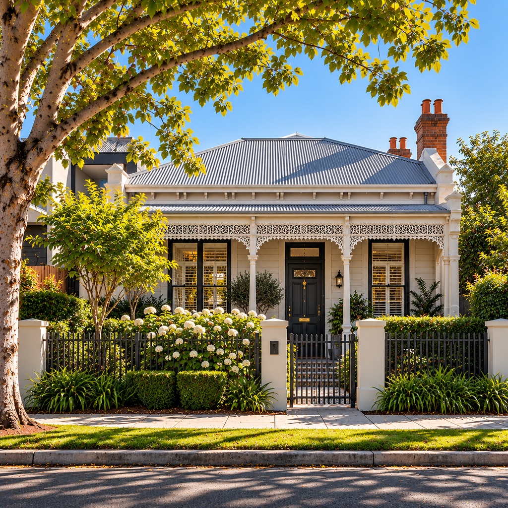 Victorian villa with iron lacework behind a picket fence, Ballarat