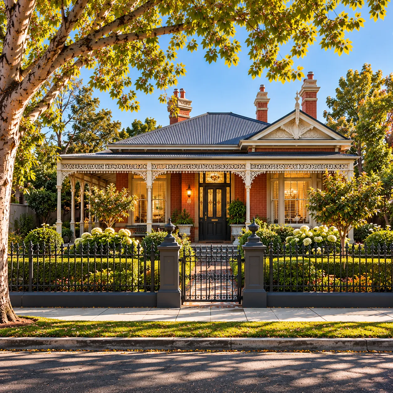 Red brick Victorian villa behind a cast-iron palisade fence, Bendigo