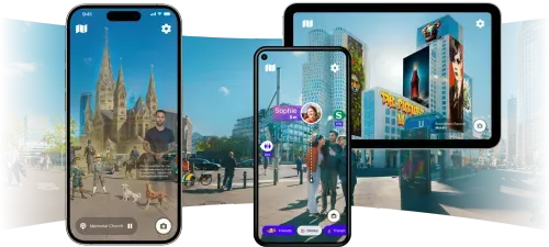 Several mobile devices overlaid on a photo of a street showing augmented reality murals, friend finder, and a holographic tour guide