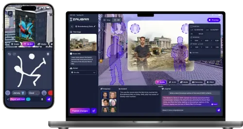 ZAUBAR CMS editor features, both on web and mobile. Creating AI-powered virtual guides and turning sketches into GenAI murals