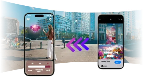 Launching an iOS App Clip and collecting virtual diamonds in a treasure hunt happening in a city