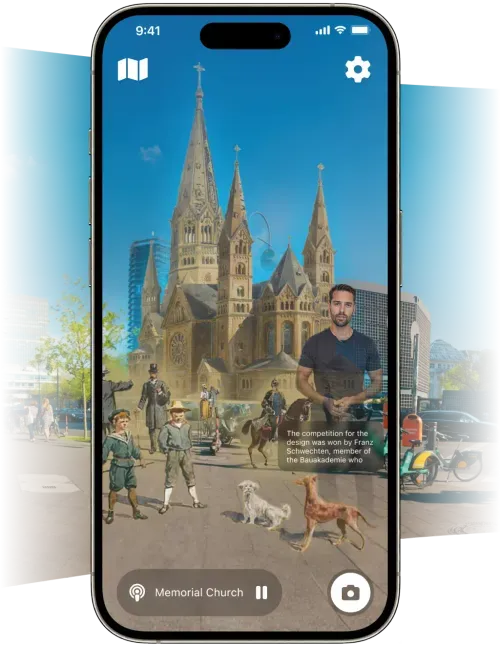 Smartphone displaying an augmented reality app featuring a historical tour of a cathedral, with a virtual guide and period illustrations in a modern city setting.