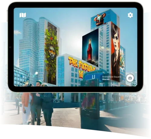 Tablet displaying an augmented reality app showcasing colorful murals on buildings in Breitscheid Square, with a cityscape background.