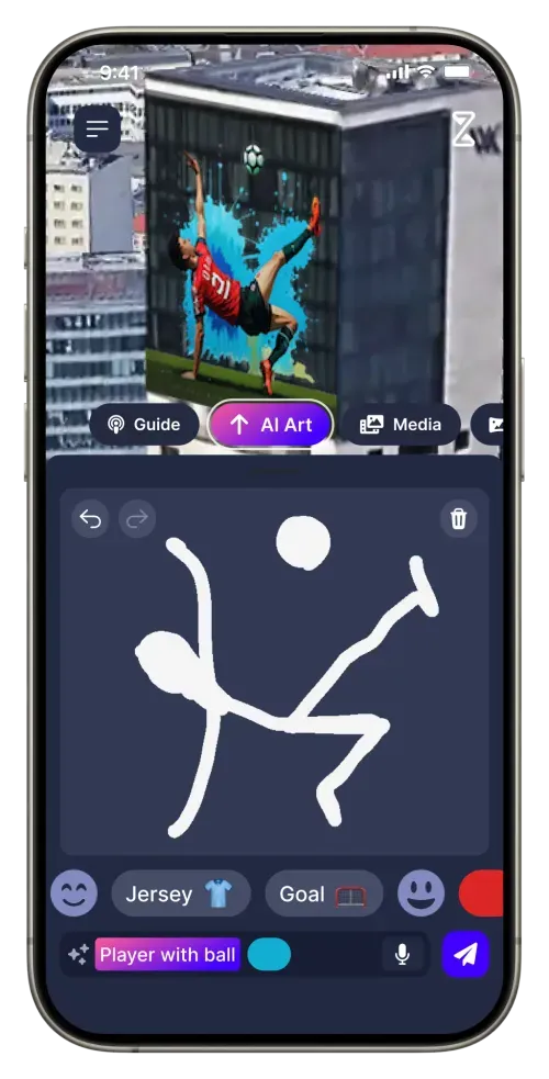 Smartphone displaying an augmented reality app with an AI art feature, showing a soccer player performing a bicycle kick and a drawing interface below.