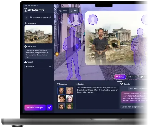 Laptop screen showing an augmented reality app with historical content about Brandenburg Gate, featuring a virtual guide and scene customization options.