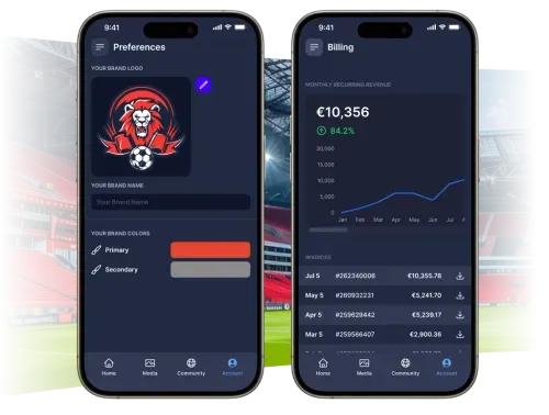 Two smartphones displaying an app with a lion mascot logo, brand preferences, and billing details including revenue graph and invoices.