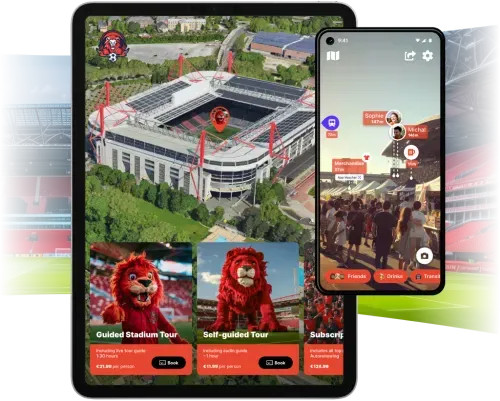 Tablet and smartphone showing a stadium's guided tour booking page and augmented reality view, featuring a stadium map, lion mascot, and tour options.
