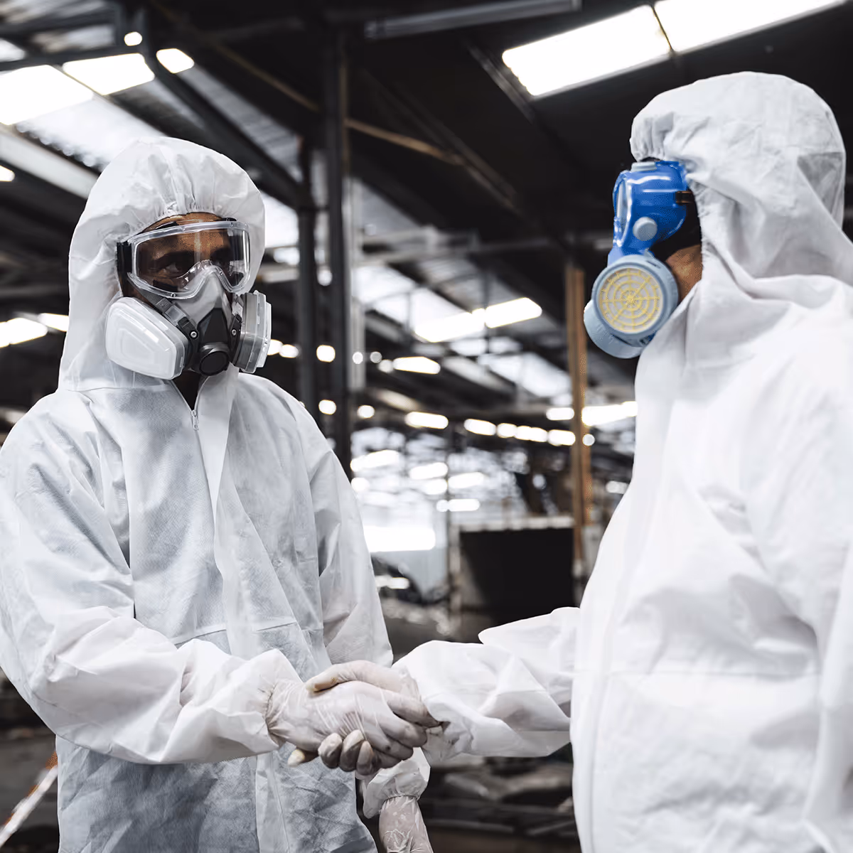 Two workers in full protective gear performing an asbestos audit.