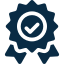 Blue badge icon with a checkmark symbol in the center.