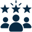 Four abstract human icons with varying sizes and stars above them on a white background.