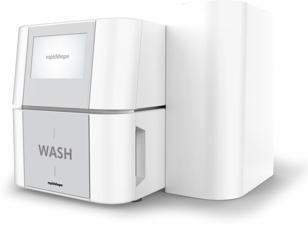 White rectangular device labeled 'WASH' with touchscreen and compartment, by Rapid Shape.
