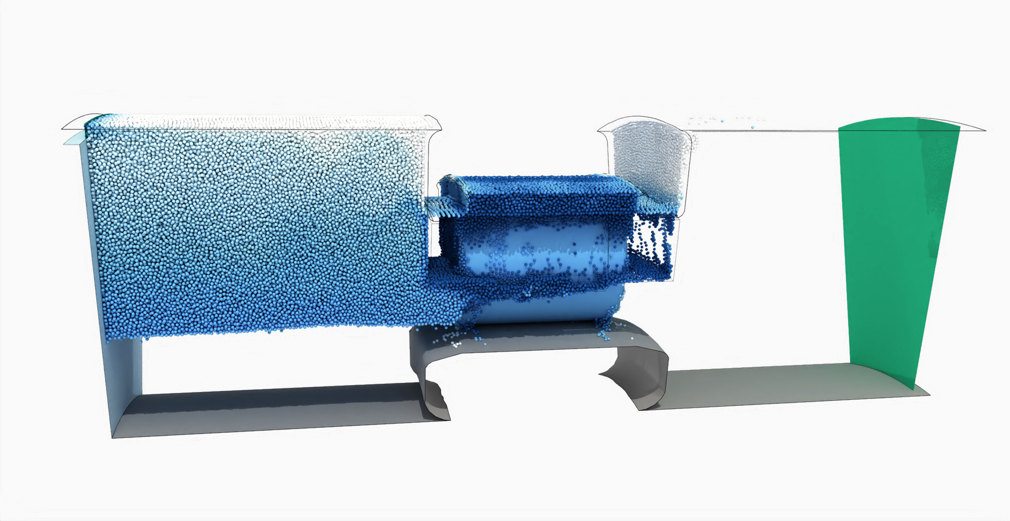 SPH simulation of machine with roller bearing showing particles and their velocities