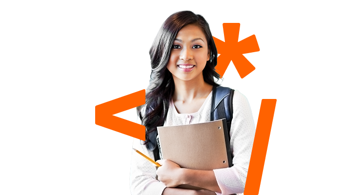 A young woman holding her work folders and smiling.