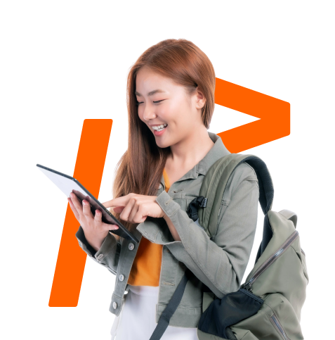 A young woman smiling at her smart tablet.