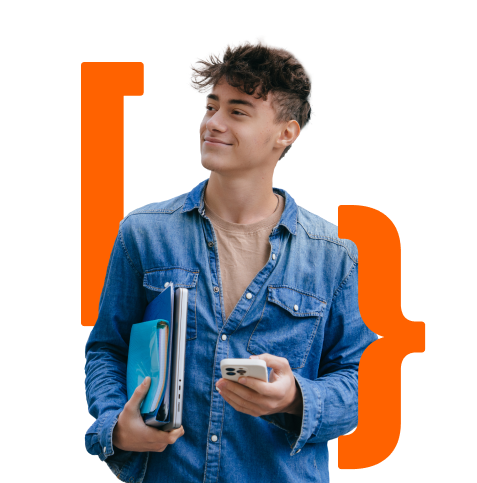 Young man looking confident, holding his phone in his hand and smiling.